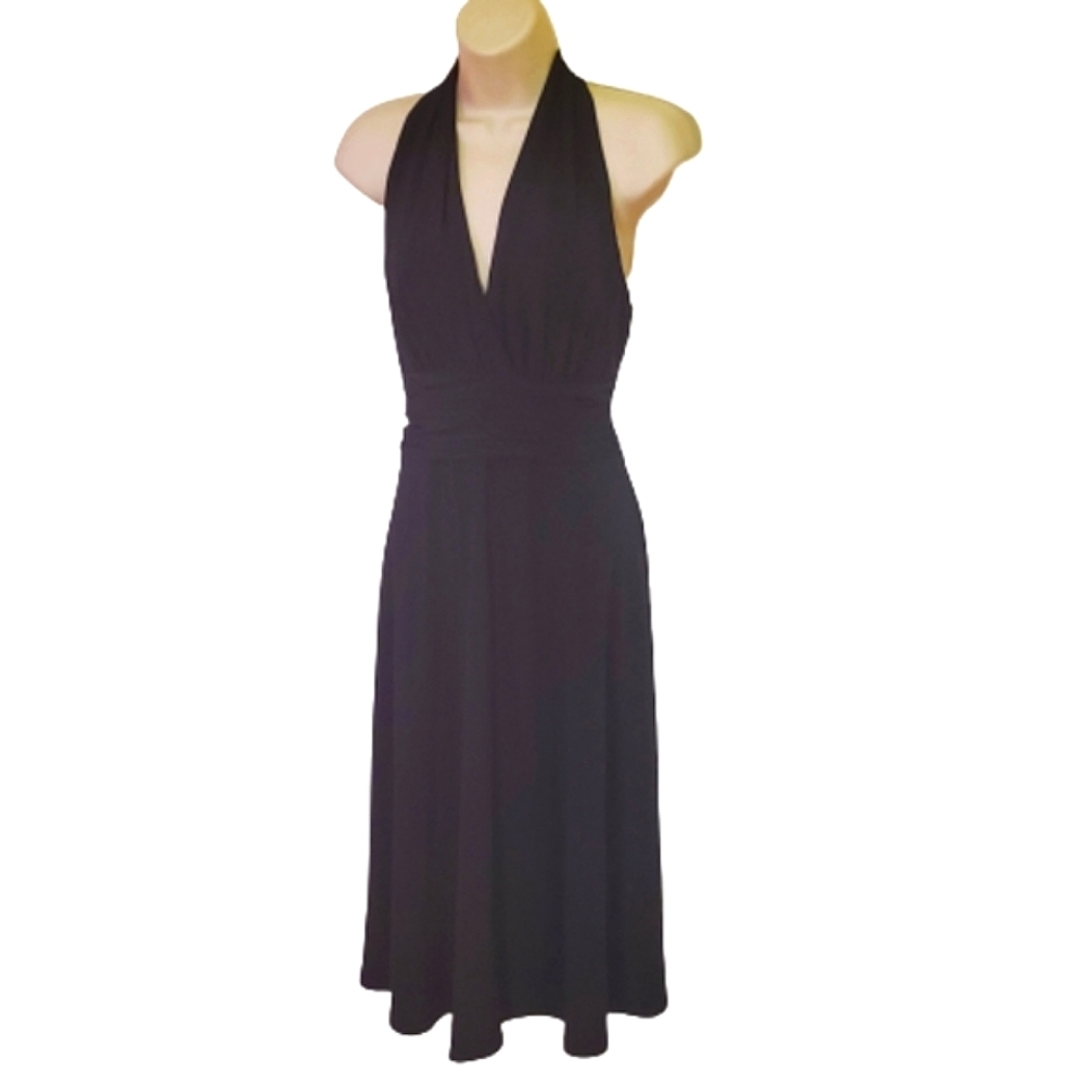 Jones Wear Dress Black Deep V-Neckline Halter, Ruched Waist Midi Dress, Size 8